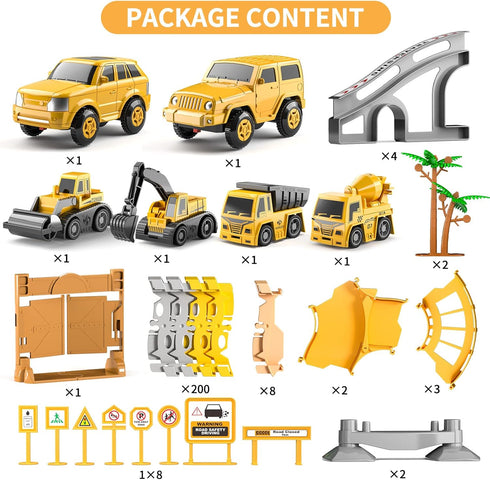 TEMI 236 PCS Construction Toys Race Tracks for 3-6 Year Old Boys, Flexible Track Playset with Construction Cars