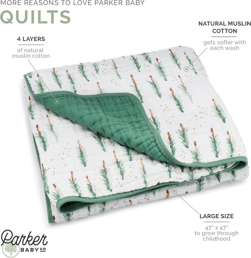 Parker Baby Muslin Blanket - 100% Soft Cotton Reversible Quilt for Crib and Stroller