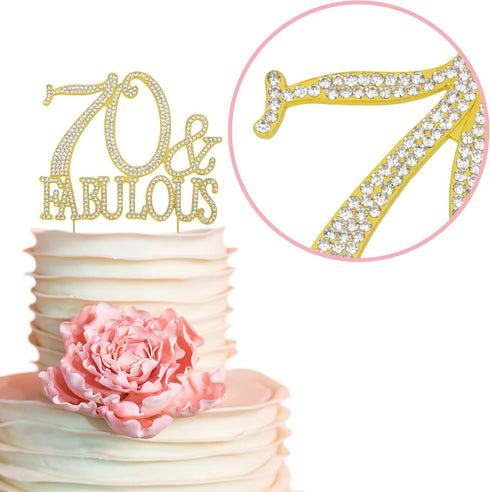 Premium Gold Metal 70 Cake Topper - 70 and Fabulous - 70th Birthday Party Sparkly Rhinestone Decoration, Set in Box