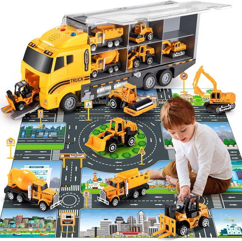 Toddler Construction Toys Car Transport Vehicle with Play Mat, Die-cast Alloy Engineering Gifts for Kids