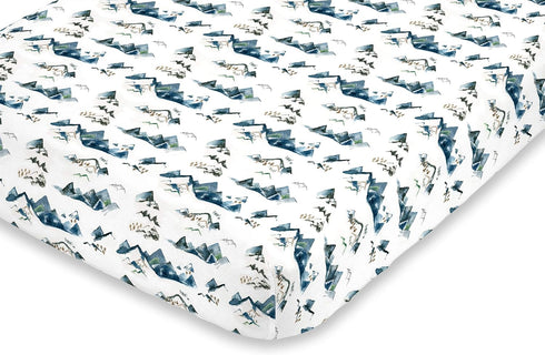 NoJo Super Soft Mini Crib Sheet - Blue, Green, Tan & White Mountain Watercolor Fitted