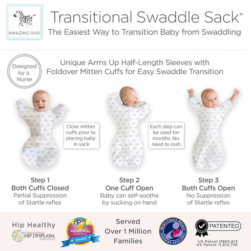 Amazing Baby Transitional Swaddle Sack - Arms Up Half-Length Sleeves, Newborn Sleep Sack, Blue Tiny Elephants