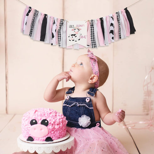 1st Holy Cow I'm One Birthday High Chair Banner, Farm Themed, Pink, Adjustable Size