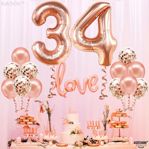 KatchOn Rose Gold 34 Balloon Set, 40 Inch, 34th Birthday Decorations for Women with Confetti Balloons
