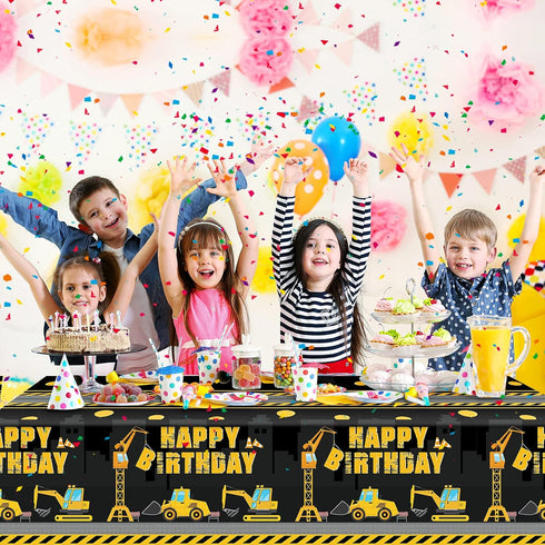 Tatuo Construction Happy Birthday Tablecloth - Dump Truck Plastic Covers for Kid Boy Party (Black)