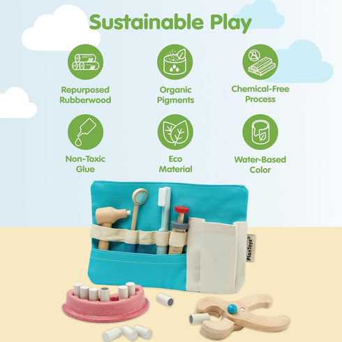 Set PlanToys Pretend Play Dentist Toy for Kids | Wooden Doctor Kit with Teeth Model, Dental Tools, and Bag |
