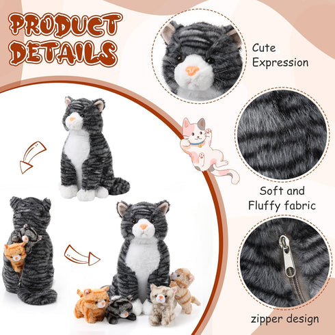 5 13.78 Inch Mommy 4 HyDren Pcs Cat Stuffed Animal Large Plush Cat with Kittens for Boys Girls Plush Toy, Birthday