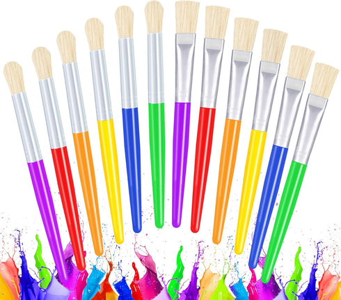 Joyooss Paint Brushes for Kids, 12 Pcs Large Round/Flat Washable No Shed Hog Bristle Toddler Paintbrushes for