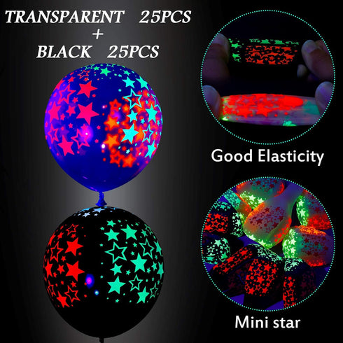 Chivao 50 Pieces Neon Glow Balloons, Blacklight Fluorescent Mini Stars for Party Decoration, Black, Clear