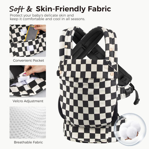 MOCKPOSE 100% Carrier,3 Ergonomic,Cozy 7-40lbs,Checkerboard Baby Carrier Newborn to Toddler- Pure Cotton Double-Side