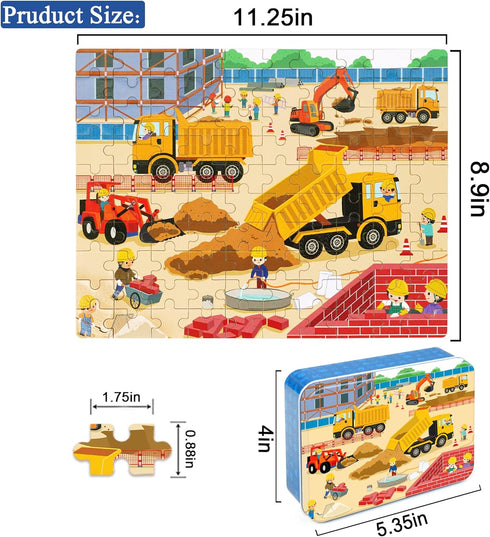 LELEMON 100 Pieces Jigsaw Puzzles - Metal Box for Kids Age 4-8, Construction Site Vehicles Educational Toys