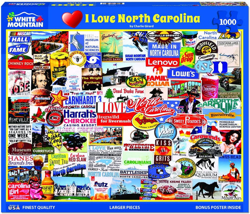 White Mountain 1000 Piece Jigsaw Puzzle, Vintage Advertisement I Love North Carolina
