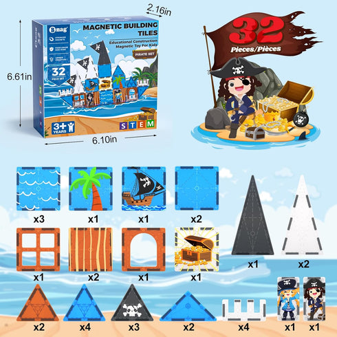 Kids,32 Set 3D 3 4 5+ Bmag Magnetic Tiles for PCS Pirate with Magnet Building Blocks, STEM Educational Toys