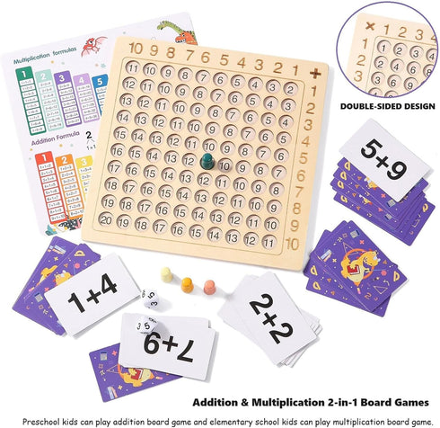 2 in 1 Math Board Game for Kids - Wooden Multiplication Addition Toys for Girls Boys 4-9 Years Old