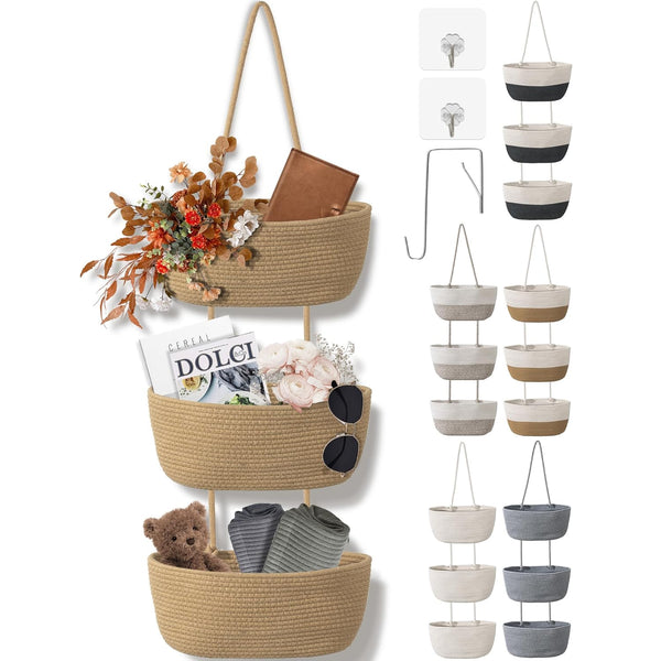 3 Tier Wall Mounted Woven Hanging Basket, Over the Door Hanging Basket