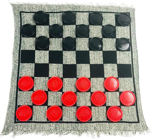 3 in 1 Giant Checkers Set and Tic Tac Toe Game with Reversible Rug, Indoor and Outdoor Family Board Game