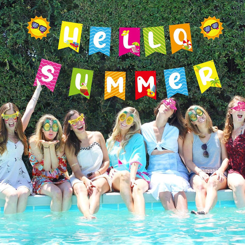 Hello Summer Banner - No DIY, Summer Banner for Summer Party Decorations, Hello Summer Sun Signs for Birthday Beach Pool Decorations, Tropical Party Decorations, Summer Party Supplies