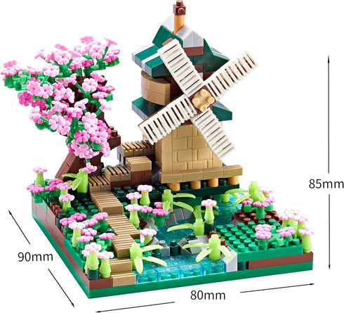 Sets 600+ JXRLMB Architecture River Windmill Tree Cute Micro Mini Building Blocks Trees Flowers for Adults, Idea Cherry