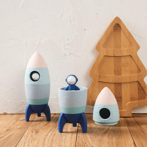 Silicone Rocket Stacking Toy, Space Rocket Teething Toy, Early Learning Stacking Tower for Infants (Blue)