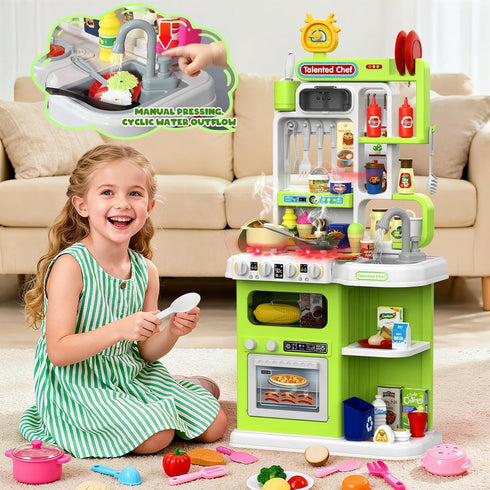 Playset, 36.22'' 1-3 Set 3 4 5 DRAMATION Kids Kitchen Play Kitchen for Toddlers with Steam, Sound & Light, Cooking