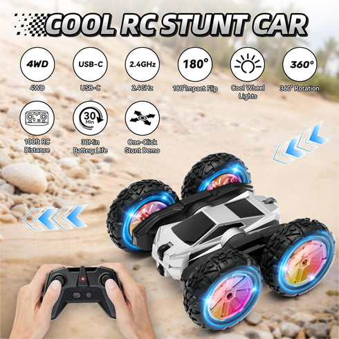 MACALOCA 4-7 6-12, 4WD 360 2.4GHz 4 5 6 7 8-12 Remote Control Car, RC Cars Toys for Boys Age RC Stunt Car with Lights