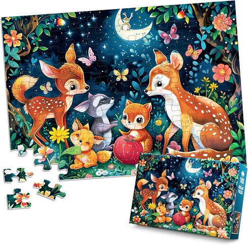 Puzzles for Kids Ages 4-8 - Cute Deer Party in Forest Night - 100 Piece Jigsaw Puzzles for Educational Learning