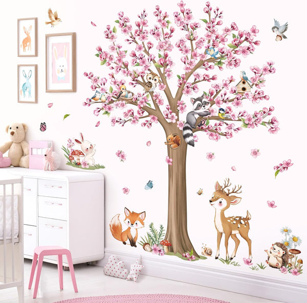 decalmile Woodland Animals Large Flower Tree Wall Decals Cherry Blossom Deer Fox