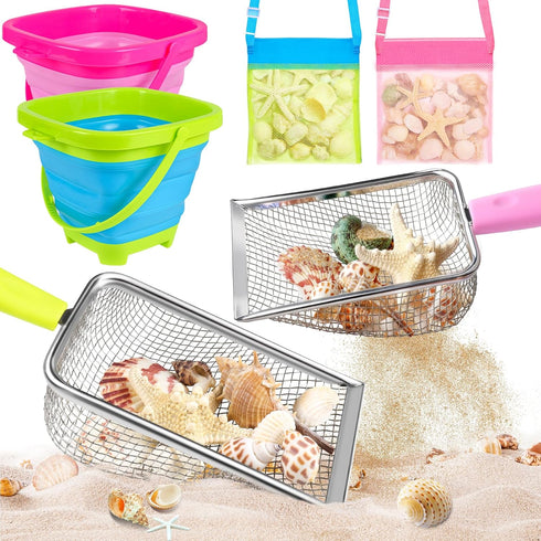 Meaicezli Beach Toys, 2 Packs Sand Toys for Shell Collecting, Collapsible Sand Buckets