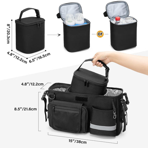 Parent Console Stroller Organizer Compatible with WONDERFOLD W&X, Black, with 2 Insulated Cup Holders and Removable