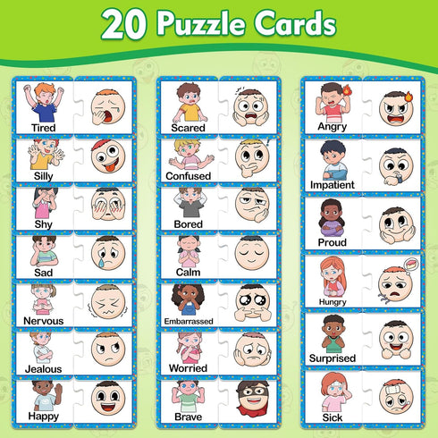 Feelings & Emotions Puzzle Cards, Social Emotional Learning Toys for Kids, Speech Therapy Games, ADHD, Autism Materials