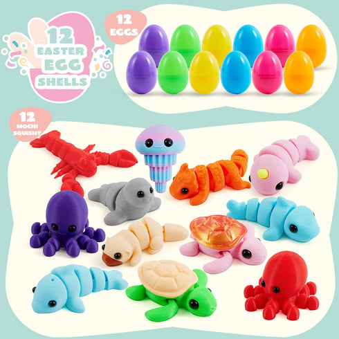 12Pcs 3D 8+) JOYIN Prefilled Easter Eggs with Mini Sea Animals, Articulated Toys, Printed Toys, Basket Stuffers