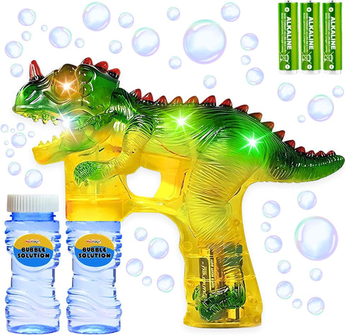Upgraded Dinosaur Bubble Gun, Leak-Free Automatic Bubble Blower & Maker for Toddlers & Kids, Includes Batteries &