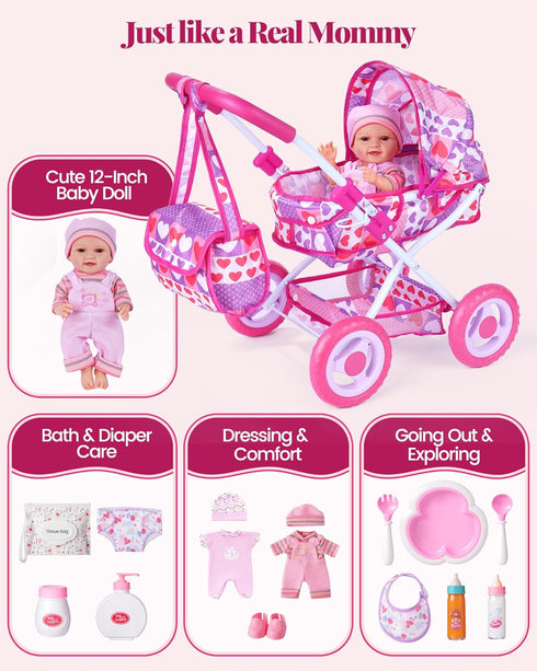 Set 12 Inch 14 Set, 3yrs+ BABESIDE Baby Doll Stroller with Baby Doll, Pcs Baby Doll Accessories, Folding Doll Pram