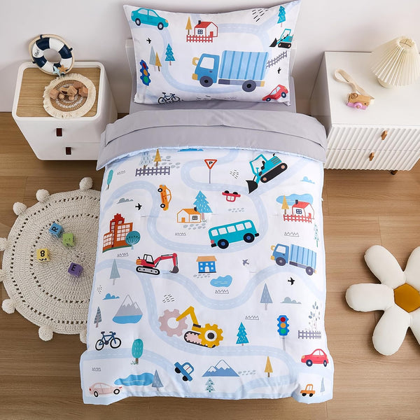 4-Piece Cars Toddler Bedding Set for Boys Girls- Soft & Skin Friendly