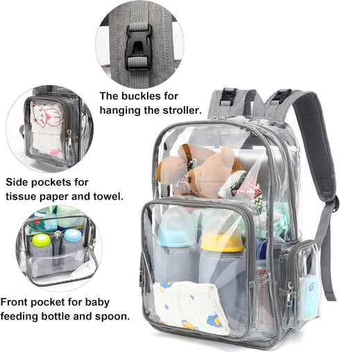 Yusudan Backpack Clear Diaper Bag for Baby Girls Boys, Mom Nappy Bags for Women (Grey)