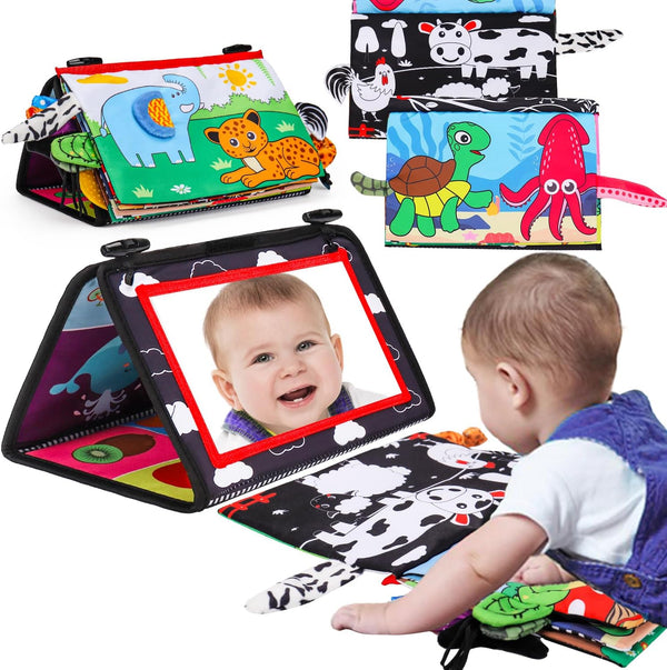 Baby Mirror Tummy Time Toy with Crinkle Cloth Book for Infants 0-3 Months, High Contrast Sensory Toy for 0-6 Months