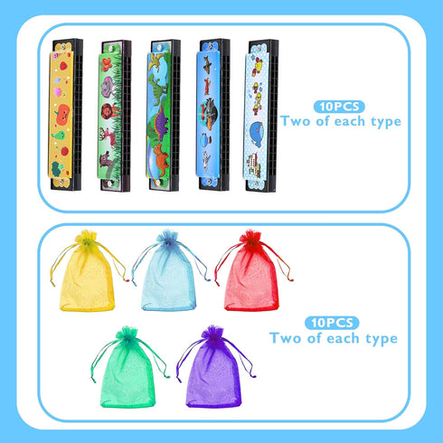 10 Sets Harmonica with Organza Gift Bags, 16 Holes Cartoon Musical Instrument for Kids Party Favors