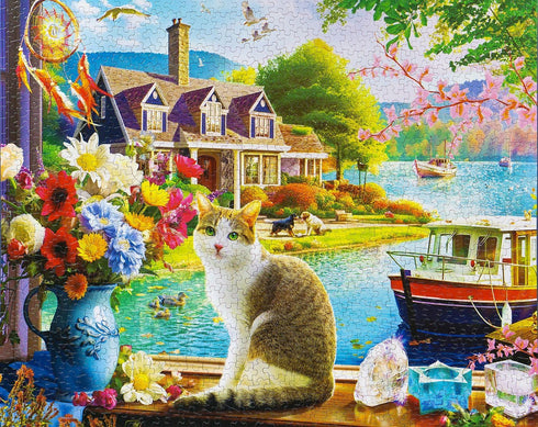 Springbok Crisp Morning 1000 Piece Jigsaw Puzzle for Adults and Families - Cat Enjoying Lakeside View, 30" x 24"