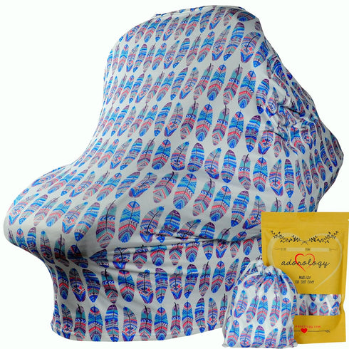 Baby Car Seat & Nursing Cover with Drawstring Carry Bag in Cute Feather Design, 4 in 1 Multi-Use Canopy
