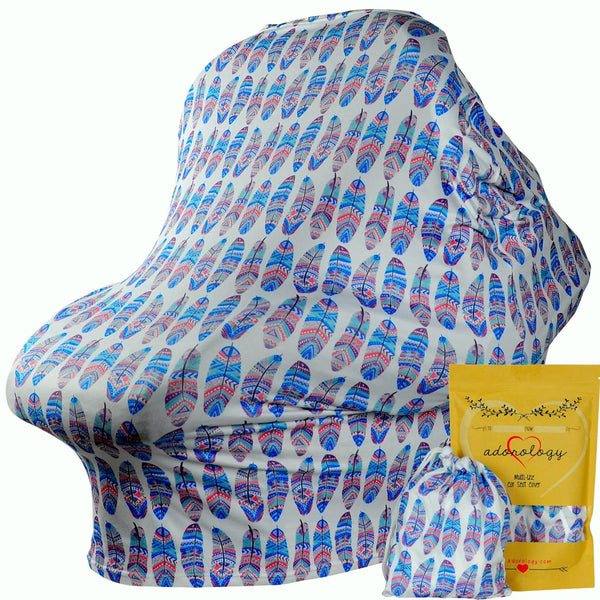 Baby Car Seat & Nursing Cover with Drawstring Carry Bag in Cute Feather Design, 4 in 1 Multi-Use Canopy