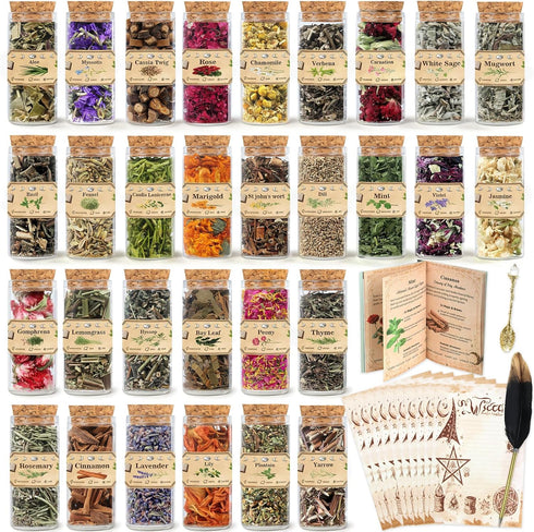 Witchcraft Kit with 30 Herbs Complete Wiccan Starter Set with Spell GuideBook,