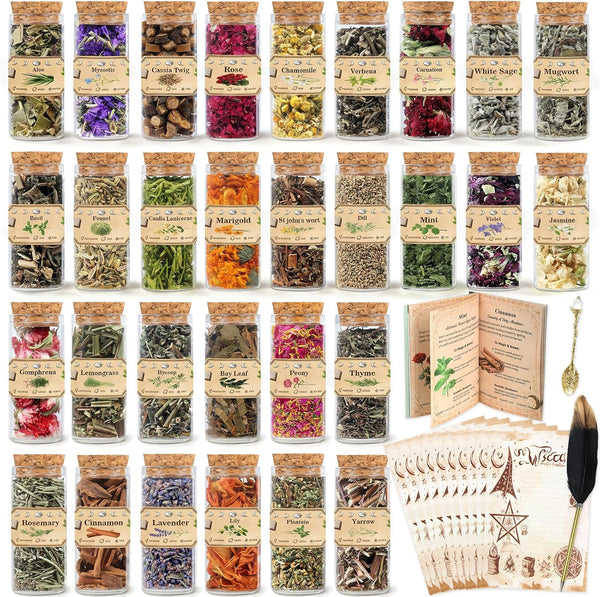 Witchcraft Kit with 30 Herbs Complete Wiccan Starter Set with Spell GuideBook,
