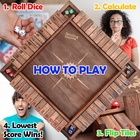 12 Inches 4 12 Sterling Games Shut The Box Game for Players, Family Dice Game with Numbers Box, Nautical Themed Large