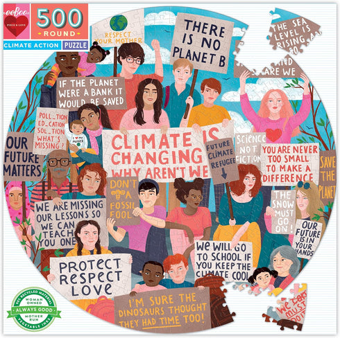 eeBoo Piece and Love Climate Action 500 Piece Round Jigsaw Puzzle for Adults and Families, Glossy Sturdy Pieces.