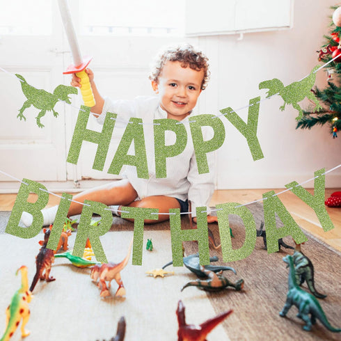 Green Glitter Dinosaur Happy Birthday Banner for Kids' Dino Theme Party Decorations