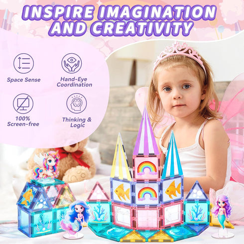 Set 4 3-5 4-8, Magnetic Tiles Unicorn Building Toys with Dolls, Princess Magnetic Blocks for Kids Ages STEM Educational
