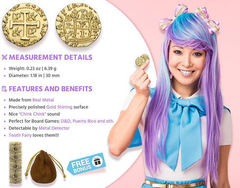 Large Metal Pirate Coins – 35 Gold Treasure Coin Set, Metal Replica Spanish Doubloons for Board Games