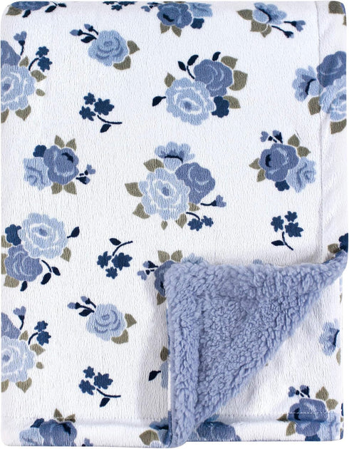Luvable Friends Unisex Baby Plush Blanket, Blue Floral, One Size, Sherpa Back