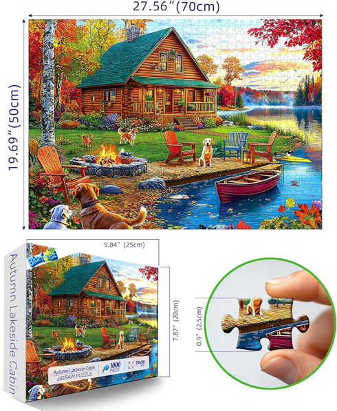 1000 1000 Autumn Lake House Piece Jigsaw Puzzle for Adults Log Cabin with Dogs & Fall Foliage Adult Puzzles Pieces