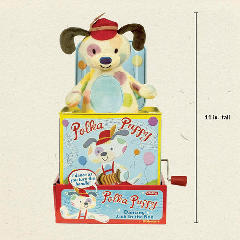 18 Schylling Polka Puppy Jack in the Box - Classic Children's Musical Toy that Dances - Colorful Embossed Tin Box